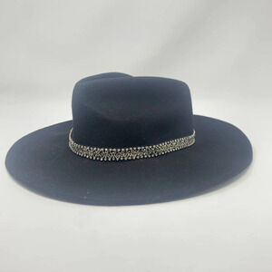 Zara Hat Wool Fedora Hat with Crystals Rhinestones‎ Wide Brim Black Size Small